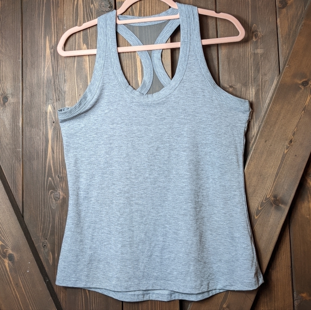 Athleta Gray Mesh Back Racerback Workout Fitted Stretchy Tank Size Small